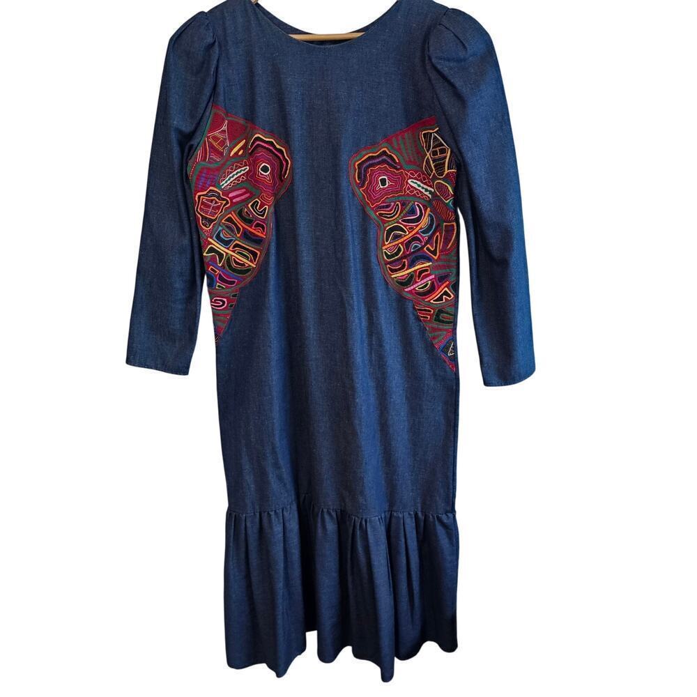 Vintage Denim Dress Womens Large Blue Embroidered Colorful Pleated Ruffles Boho